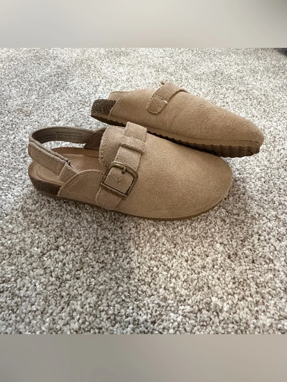 Suede Buckle Backless Mules in Tan